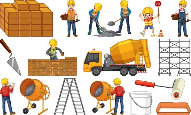 Construction worker set with man and tools