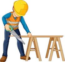 un trabajador de la construcción cortando madera vector