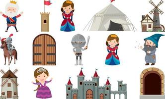 Medieval characters buildings set vector