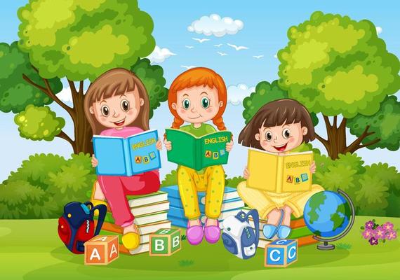 Children reading books in park background