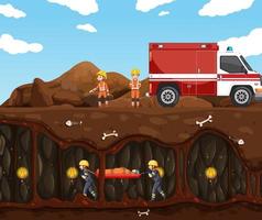 Underground scene with firerman rescue in cartoon style vector