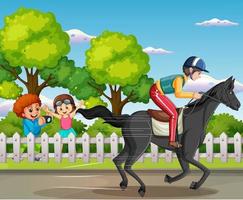 A scene of girl riding on a horse at racecourse vector