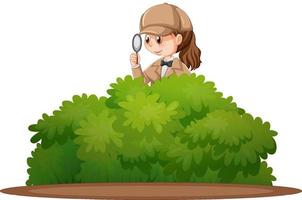 detective con abrigo marrón detrás de los arbustos