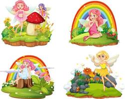 Set of isolated fantastic forests with beautiful fairies vector