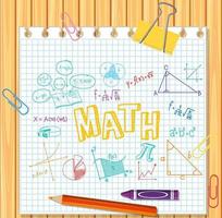 Doodle fórmula matemática con fuente matemática en tablero de madera vector