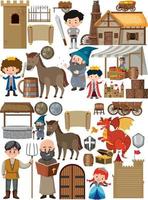 Medieval characters buildings set vector