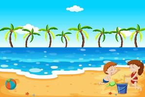 Kids building sand castle on the beach vector