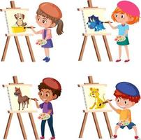 un conjunto de niños y niñas dibujando sobre lienzo vector