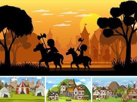 Set of different scene medieval with silhouette vector