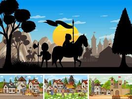 Set of different scene medieval with silhouette vector