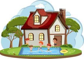 In front of house with children swimming in the pool vector