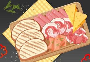 Top view of lunch meat on wooden tray vector