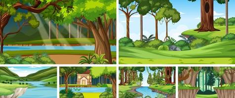 escena de la naturaleza con muchos árboles y río vector