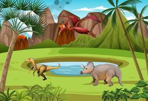 escena de la naturaleza con árboles en las montañas con dinosaurio vector