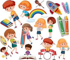 colección de muchos niños haciendo diferentes actividades vector