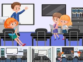 Set of student in the classroom scene vector