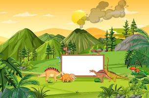 Nature scene with trees on mountains with sign board and dinosaur vector
