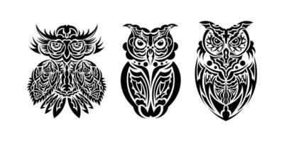 Set of owls print. Polynesia and Maori patterns. Good for t-shirts, cups, phone cases and more. Vector illustration.