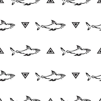 Seamless black and white pattern with sharks. Good for garments, textiles, backgrounds and prints. illustration.