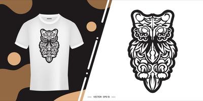 Black and white Owl print in boho style. Isolated. Good for clothing and textiles. Vector illustration.