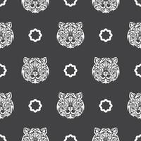 Seamless pattern with white tiger face in boho style. Polynesian style tiger face. Good for backgrounds and prints. Vector