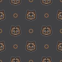 Seamless pattern with tiger face in colored Polynesian style. Good for garments, textiles, backgrounds and prints. Vector