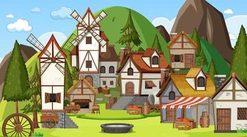 Medieval town scene with villagers vector