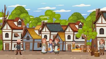 Medieval town scene with villagers vector