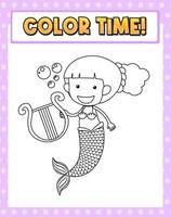 Worksheets template with color time text and Mermaid outline vector