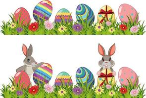 Decorated eggs and bunny on green grass vector