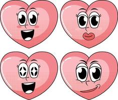Set of facial expression vintage style heart cartoon on white background vector