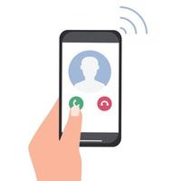 A hand holds a smartphone with an incoming call. Portrait of a person from contacts on the phone screen. Mobile applications and Internet technology vector
