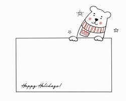 Template for Christmas greetings with a cute teddy bear in a knitted scarf. vector