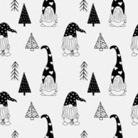 Seamless pattern with a cute hand drawn gnome and a Christmas tree. Scandinavian style vector background of doodle elements