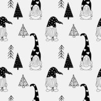 Seamless pattern with a cute hand drawn gnome and a Christmas tree. Scandinavian style vector background of doodle elements