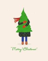 tarjeta de felicitación de feliz navidad. hombre sosteniendo un árbol de navidad en sus manos. vector