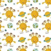 Seamless pattern of alien cute monsters and various planets and galactic stars. vector