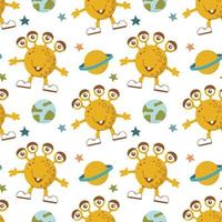 Seamless pattern of alien cute monsters and various planets and galactic stars. vector