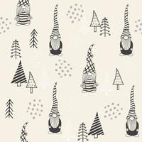 Seamless pattern with a cute hand drawn gnome and a Christmas tree. Scandinavian style vector background of doodle elements