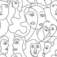 Seamless pattern of hand drawn abstract faces of men and women in line art style. Modern minimalism black and white drawing. vector