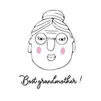 Vector portrait of a female character.Cartoon funny minimalistic man. Linear hand drawn face with emotion and mood. Friendly inscription. Postcard for social networks