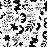 Seamless natural monochrome pattern. Black and white print of branches with leaves and different abstract shapes and lines. Vector texture