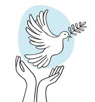 Hands release a flying pigeon with a branch . Dove of peace on a background of blue sky. Hand drawn line sketch. Bird symbol of hope, emblem against violence and military conflicts vector