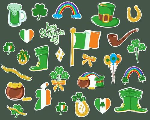 Set of vector icons and stickers for St. Patrick's Day. Symbols of the holiday three leaf clover, coin pot, rainbow, horseshoe, pipe, green boots and others