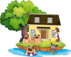 escena de la casa al aire libre con dibujos animados de animales domésticos vector