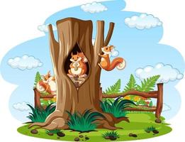 Three squirrels eating nuts in hollow vector
