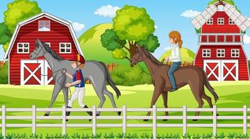 Outdoor scene with equestrian leading horse vector