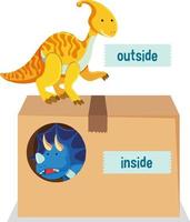 English prepositions with dinosaurs in and out of boxes vector