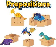 wordcard de preposición con dinosaurios y cajas vector