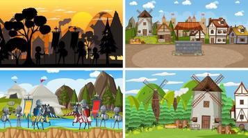 Set of different scene medieval with silhouette vector